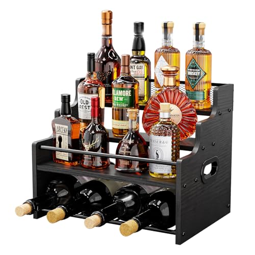 KLM 4-Tier Wood Display Shelf, Black Modern Bottle Organizer, Countertop Bar Stand for Liquor, Coffee Syrup, (Black) - Image 1