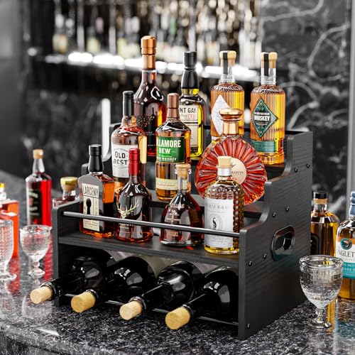 KLM 4-Tier Wood Display Shelf, Black Modern Bottle Organizer, Countertop Bar Stand for Liquor, Coffee Syrup, (Black) - Image 2