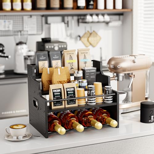 KLM 4-Tier Wood Display Shelf, Black Modern Bottle Organizer, Countertop Bar Stand for Liquor, Coffee Syrup, (Black) - Image 3