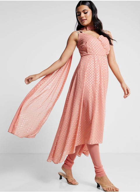 Printed High Low Kurti With Dupatta & Pants Set