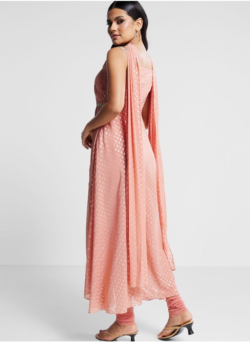 indya - Printed High Low Kurti With Dupatta & Pants Set - Image 1