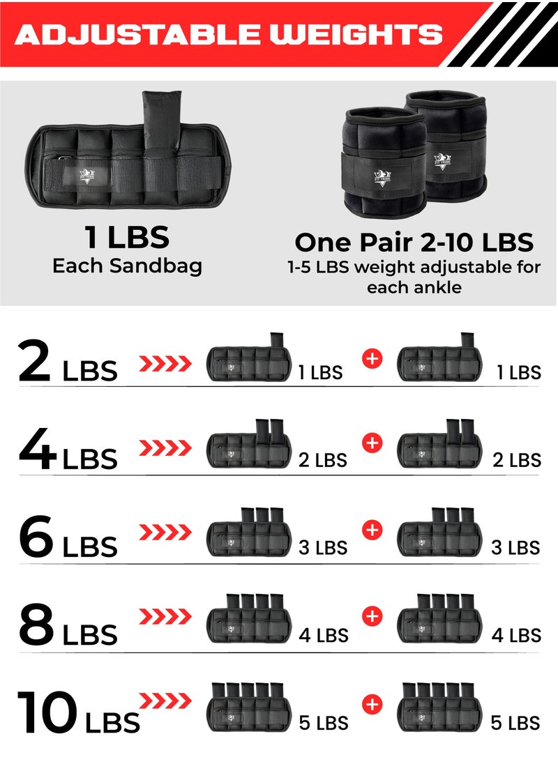 2pcs Adjustable Ankle Weights 1-5 lbs Each, 2-10 lbs Pair Leg Weights, Perfect for Strength Training, Fitness, Core Workouts, Walking, and Jogging, Comfortable Secure Fit for Men & Women (Black)