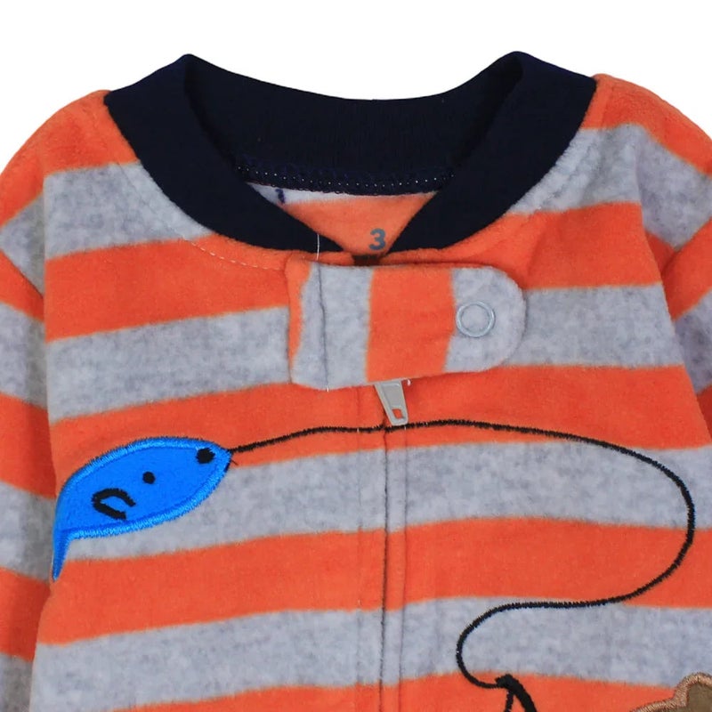 Cherries Baby Boys Cotton Baby Bodysuit – Orange & Grey Striped with a Fishing Bear Design - Image 3