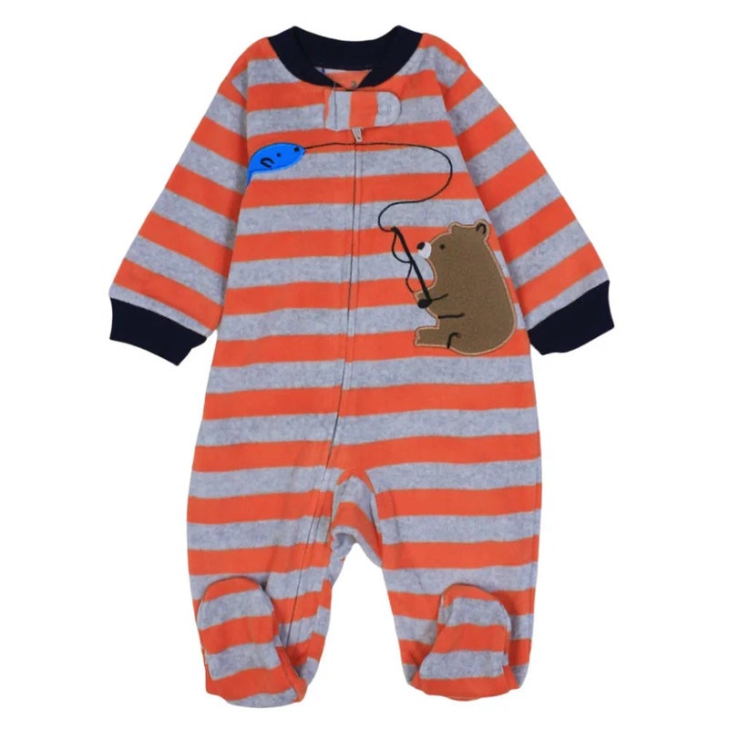 Cherries Baby Boys Cotton Baby Bodysuit – Orange & Grey Striped with a Fishing Bear Design - Image 1