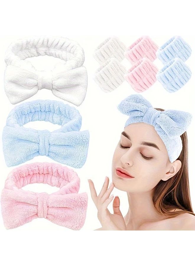 Pink Plush Elastic Headband And Wristband Set For Women Face Wash Beauty Makeup - Image 1