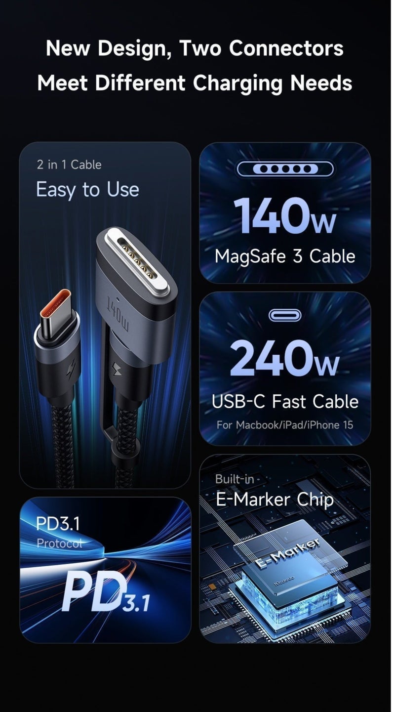 McDodo 2-in-1 USB-C to MagSafe 3 Cable, 240W USB-C Fast Charging, 140W MacBook Charger, PD 3.1 EPR, LED Indicator, Nylon Braided, 2M, for MacBook Pro Air M1 M2 M3 M4 M5 and iPhone, CA-014 ,  Black - Image 2