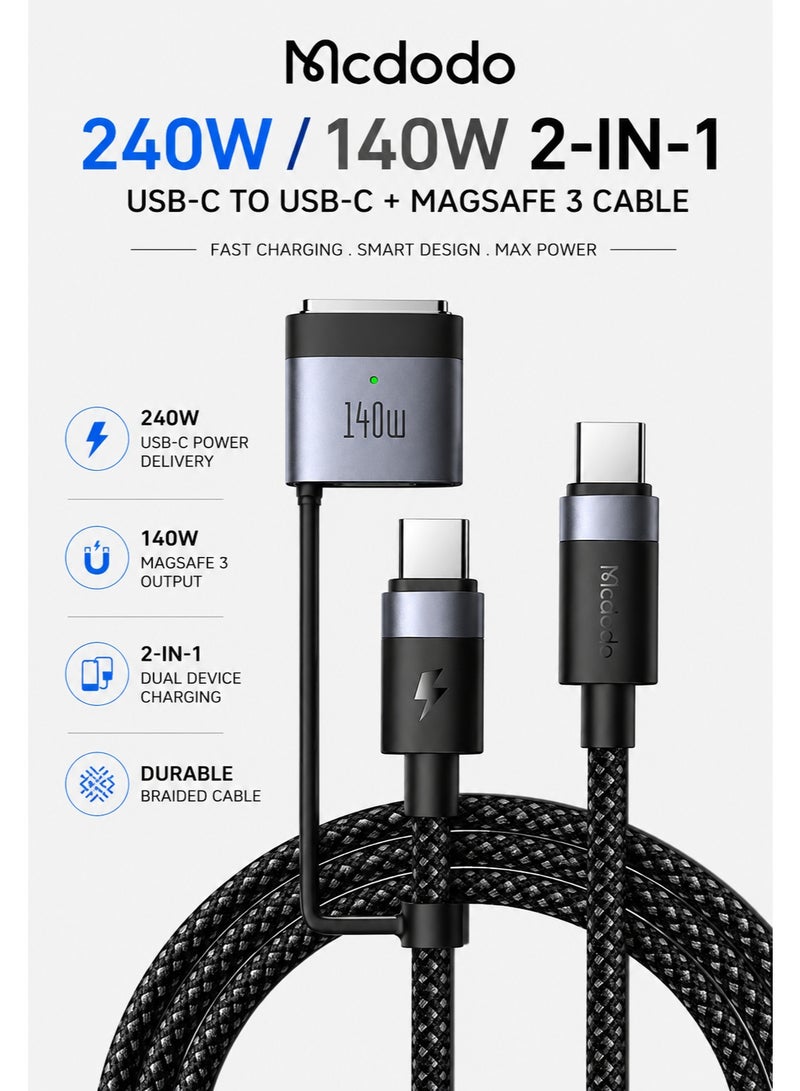 مكدودو كابل ماكدودو CA-0140 ماج سيف 3 من نوع USB-C، شحن سريع USB-C بقوة 240 واط، شاحن ماك بوك 140 واط، PD 3.1 EPR، مؤشر LED، نايلون مضفر، 2 متر، لماك بوك برو وإير M1 M2 M3 M4 M5 وiPhone، أسود - Image 1