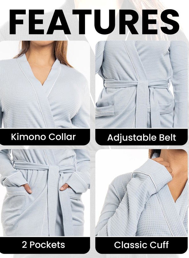 NY Threads Women's Robe Soft Knit Waffle Bathrobe Lightweight Knee-Length Loungewear, Light Blue, M - Image 3