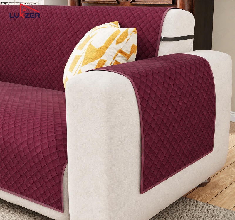 Lukzer 5 Seater Red Raspberry Quilted Velvet Sofa Mat | 200 GSM Soft Washable & Removable Couch Protector | Anti-Slip Elastic Strap Cover for Living Room Pet & Spill Protector (3+1+1 Seater/SC-198-05) - Image 4