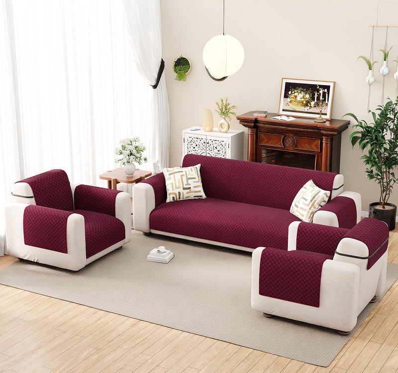 Lukzer 5 Seater Red Raspberry Quilted Velvet Sofa Mat | 200 GSM Soft Washable & Removable Couch Protector | Anti-Slip Elastic Strap Cover for Living Room Pet & Spill Protector (3+1+1 Seater/SC-198-05) - Image 1