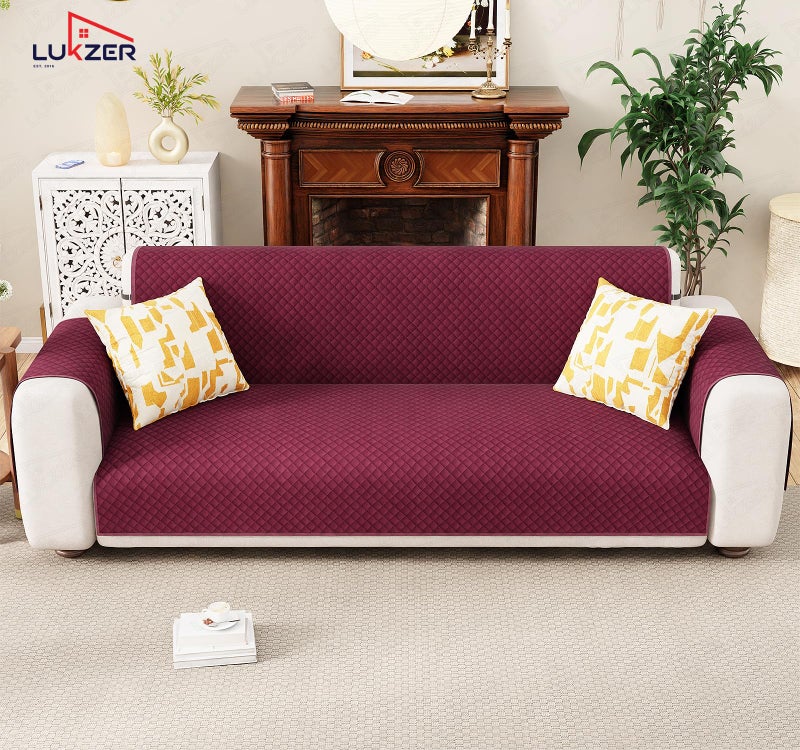 Lukzer 5 Seater Red Raspberry Quilted Velvet Sofa Mat | 200 GSM Soft Washable & Removable Couch Protector | Anti-Slip Elastic Strap Cover for Living Room Pet & Spill Protector (3+1+1 Seater/SC-198-05) - Image 3