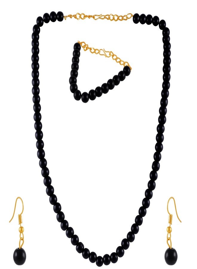 Okos Fashion Jewellery Gold Plated Elegant Black Artificial Pearl Necklace Set/Jewellery Set With Adjustable Bracelet For Girls and Women NL1000597BLK - Image 1