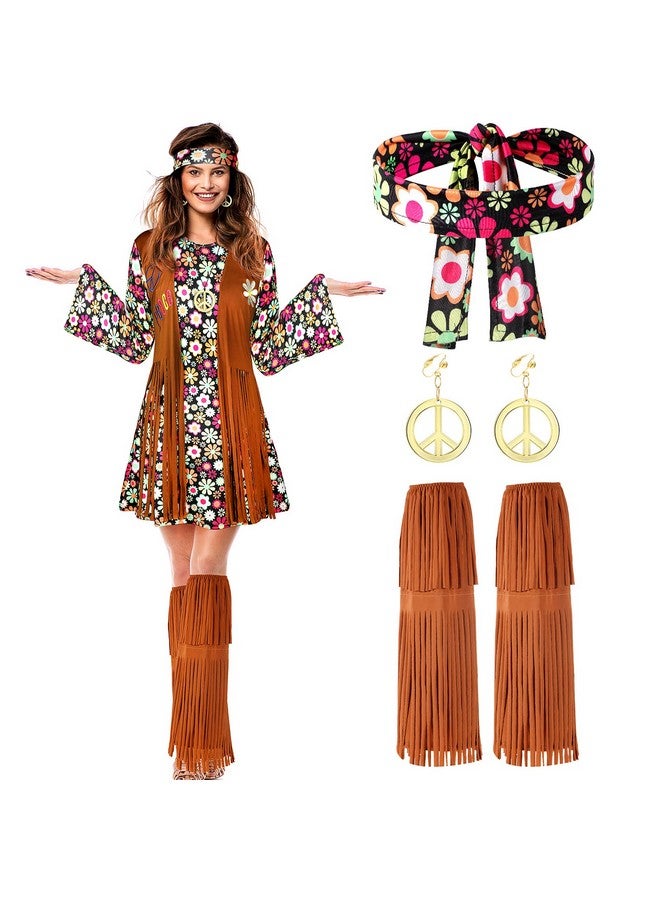 SATINIOR 70s 60s Hippie Costume Set 70s Outfits Accessories for Carnival Party Halloween Women Disco Dress(Adult Size (Medium)) - Image 1