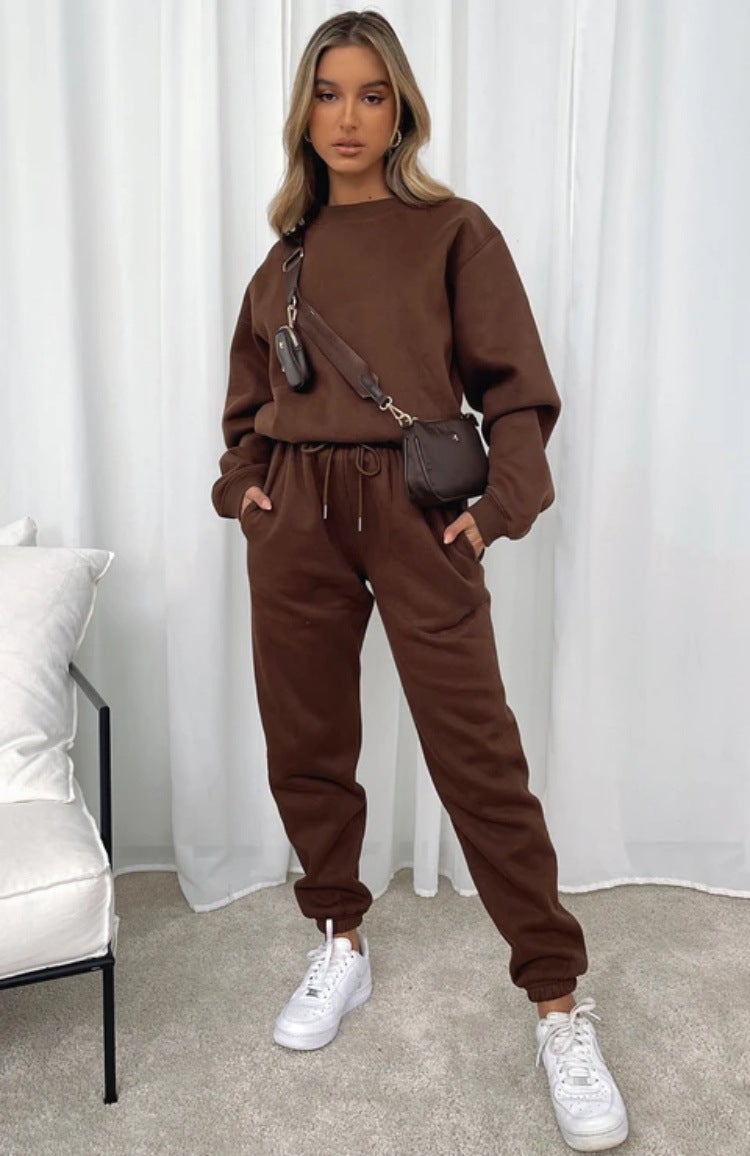 Autumn Winter Solid Round Neck Sweater Pants Set Coffee 