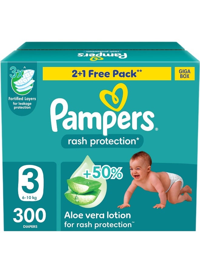بامبرز Pampers Rash Protection Taped Diapers, Size 3, 6-10kg, +50% Aloe Vera Lotion for Rash Protection, 3x Fortified Layers for Leakage Protection, Giga Box, 300 Count - Image 1