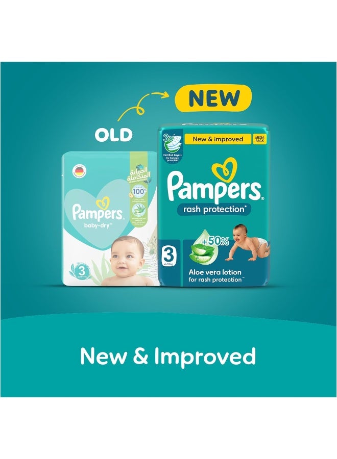 بامبرز Pampers Rash Protection Taped Diapers, Size 3, 6-10kg, +50% Aloe Vera Lotion for Rash Protection, 3x Fortified Layers for Leakage Protection, Giga Box, 300 Count - Image 2