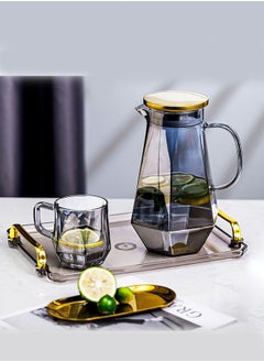 fashionhome إبريق ماء كبير، إبريق ماء زجاجي مبتكر، إبريق مشروبات مقاوم للحرارة العالية، 6 أكواب فاخرة مع وعاء تخزين معدني وصينية أكريليك لمشروبات الماء البارد، عصير الحليب، الشاي  - Image 2