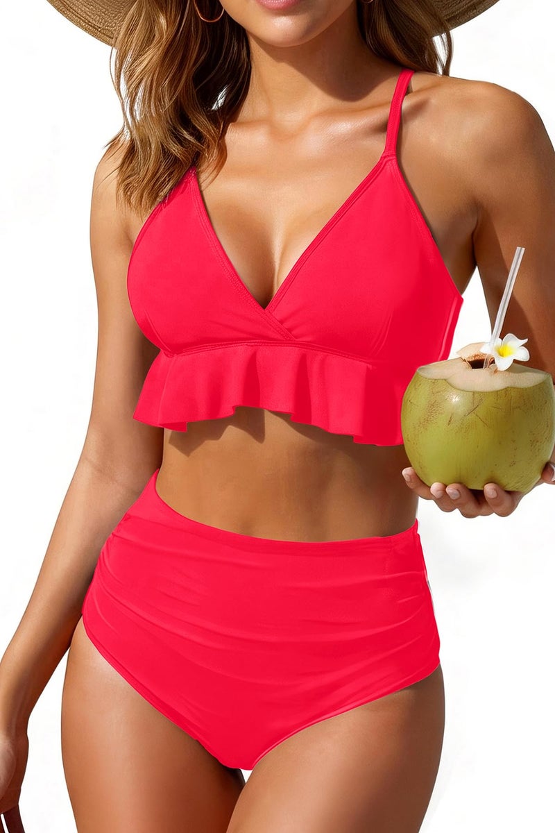 Tempt Me Women Neon Red High Waisted Ruffle Bikini Set Two Piece Swimsuits Flounce Tummy Control Bathing Suit M - Image 1