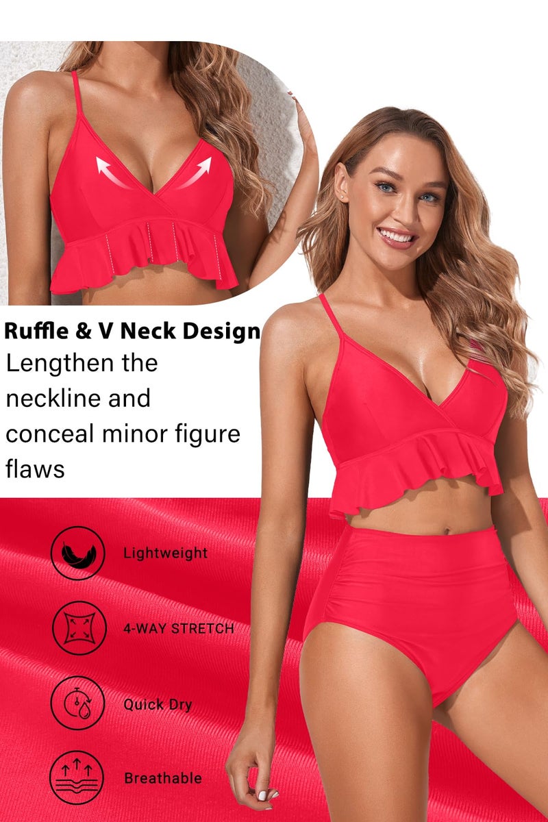 Tempt Me Women Neon Red High Waisted Ruffle Bikini Set Two Piece Swimsuits Flounce Tummy Control Bathing Suit M - Image 3