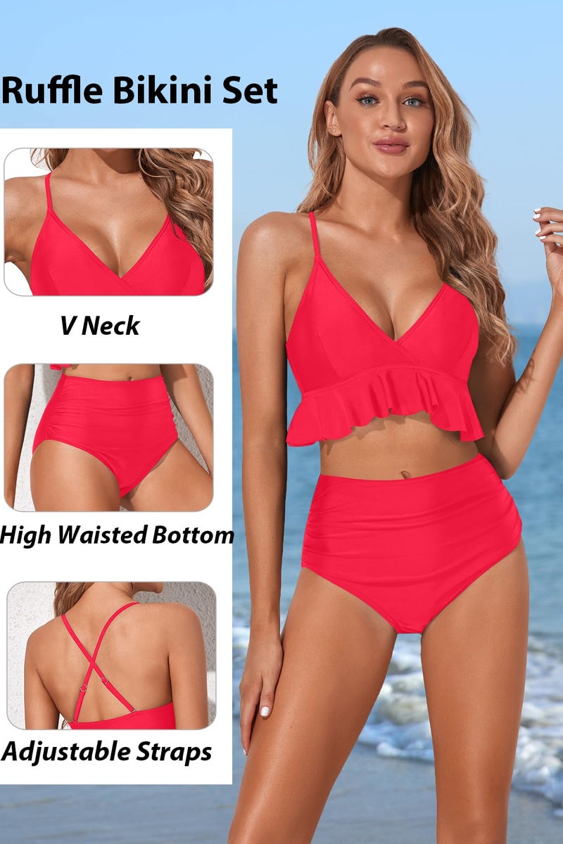 Tempt Me Women Neon Red High Waisted Ruffle Bikini Set Two Piece Swimsuits Flounce Tummy Control Bathing Suit M - Image 5