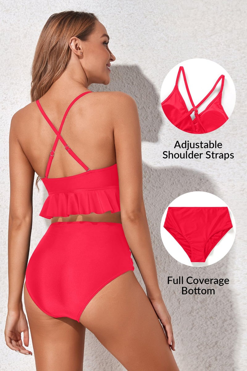 Tempt Me Women Neon Red High Waisted Ruffle Bikini Set Two Piece Swimsuits Flounce Tummy Control Bathing Suit M - Image 4