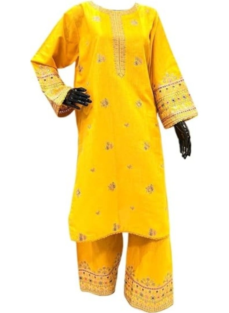 Winchell's Traditional Pakistani Salwar Kameez – Yellow Embroidered Dress with Cotton Pants, Size Medium - Image 1