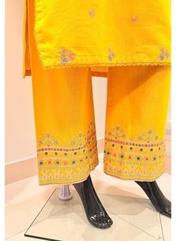 Winchell's Traditional Pakistani Salwar Kameez – Yellow Embroidered Dress with Cotton Pants, Size Medium - Image 3