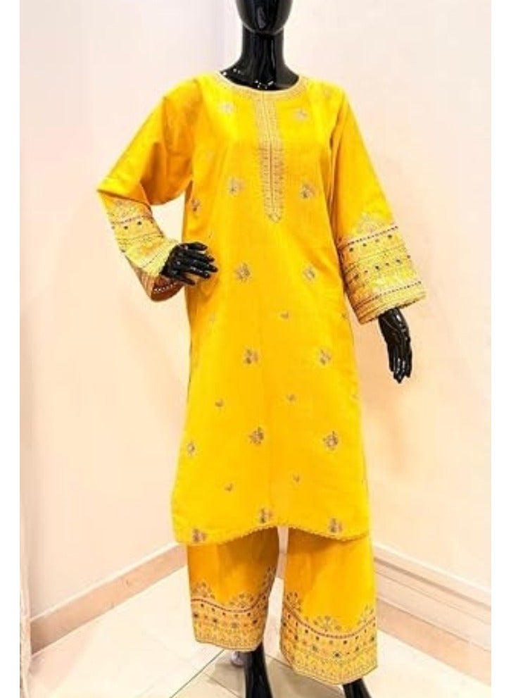 Winchell's Traditional Pakistani Salwar Kameez – Yellow Embroidered Dress with Cotton Pants, Size Medium - Image 2