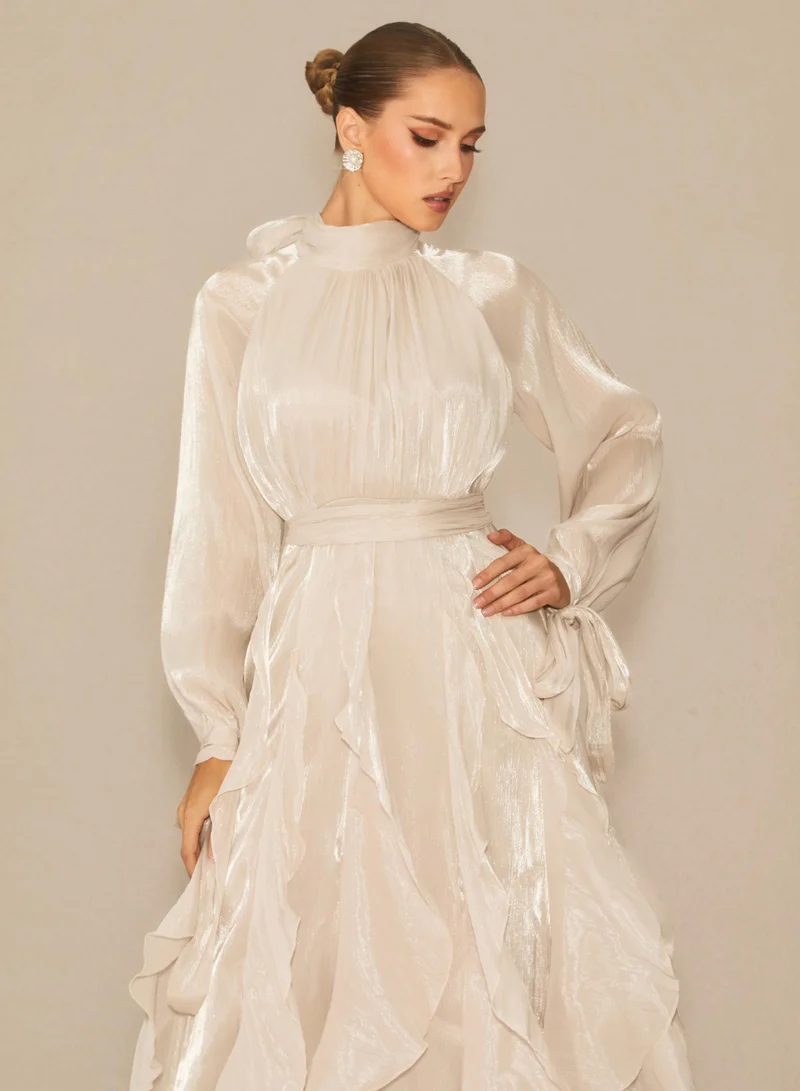 Sunfere Apricot Estella Puff Sleeve Ruffle Trim Maxi Dress for Women | Best Price UAE