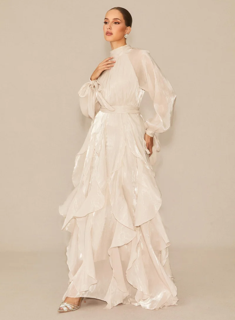 Sunfere Apricot Estella Puff Sleeve Ruffle Trim Maxi Dress for Women | Best Price UAE