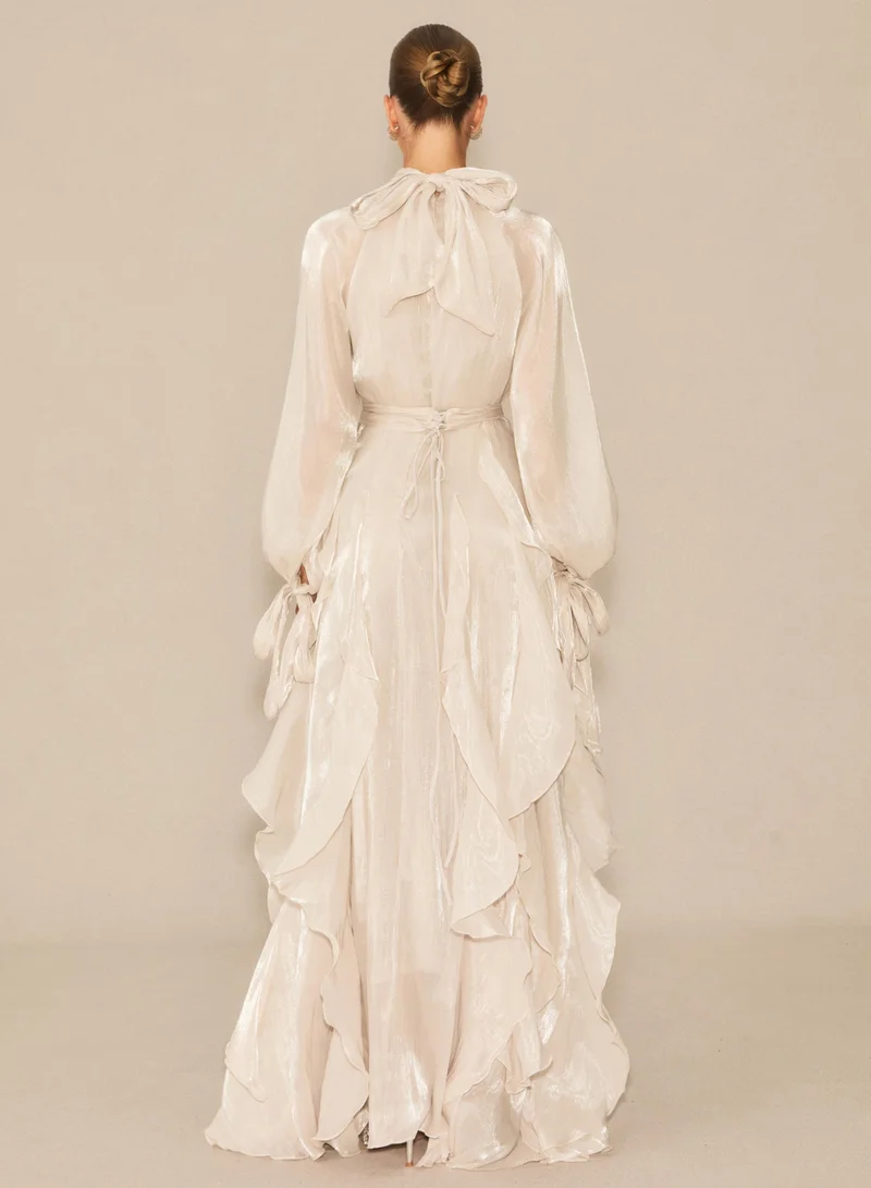 Sunfere Apricot Estella Puff Sleeve Ruffle Trim Maxi Dress for Women | Best Price UAE