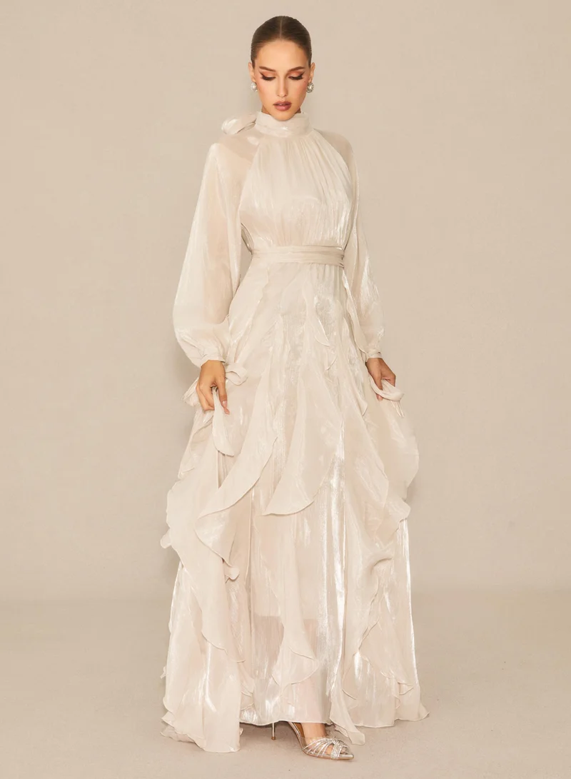 Sunfere Apricot Estella Puff Sleeve Ruffle Trim Maxi Dress for Women | Best Price UAE