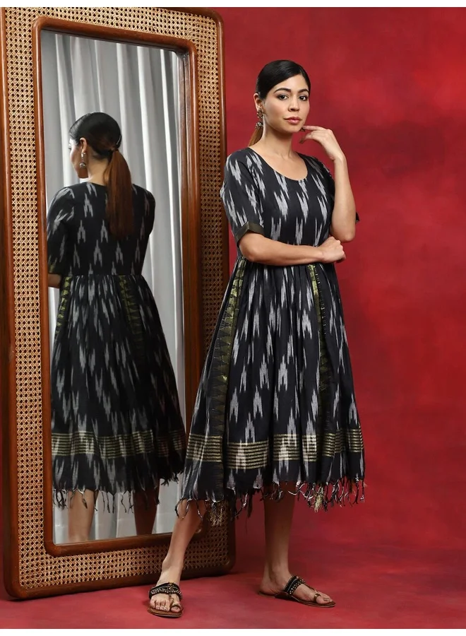 AKS  Black Ikat Gathered Dress for Women | Best Price UAE