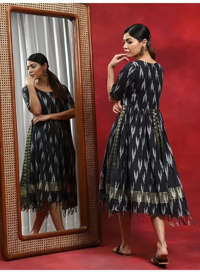 AKS  Black Ikat Gathered Dress for Women | Best Price UAE