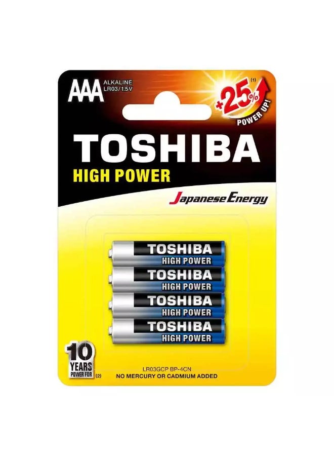 Toshiba High Power Alkaline AAA 1.5V Battery, +25% Power Up Energy, Pack of 4 pcs