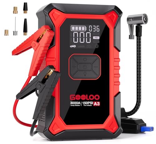 GOOLOO A3 Jump Starter with Air Compressor 3000A Portable Car Battery Booster 90 Gas65L Diesel with 150PSI AutoShutoff Tire Inflator 12V Supersafe Lithium Jump Box Car Battery Jumper Starter