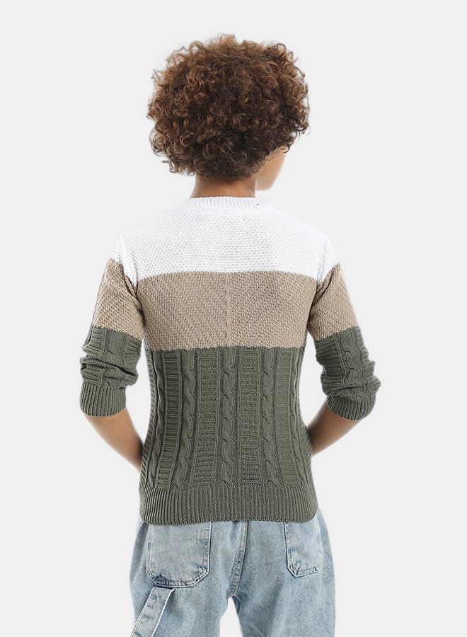 Knitted Crew Neck Stripped Pullover _ Beige & White & Olive