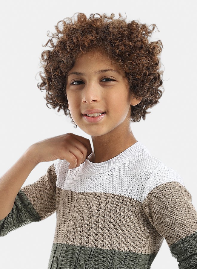 Knitted Crew Neck Stripped Pullover _ Beige & White & Olive