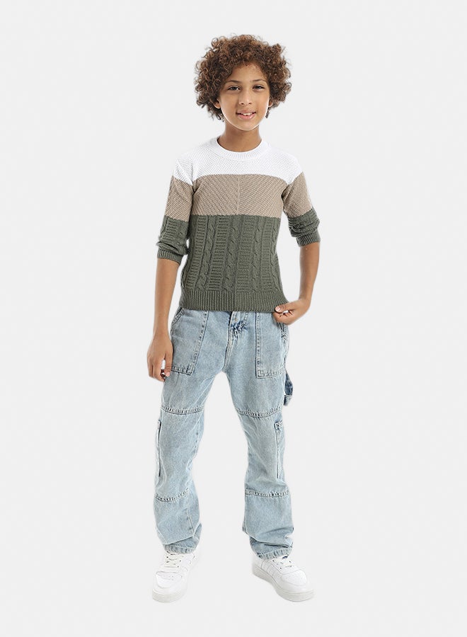 Knitted Crew Neck Stripped Pullover _ Beige & White & Olive