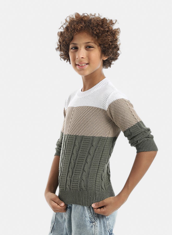 Knitted Crew Neck Stripped Pullover _ Beige & White & Olive