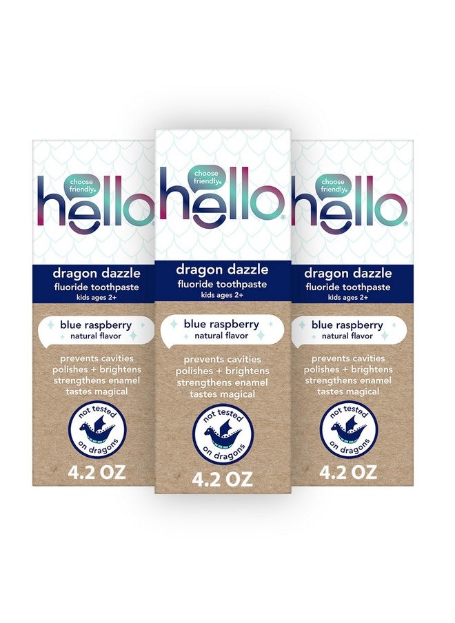 Hello hello Dragon Dazzle Blue Raspberry Kids Toothpaste, Fluoride Toothpaste, Ages 2+, No Artificial Sweeteners, No SLS, Gluten Free, Vegan, Pack of 3, 4.2 OZ Tubes  - Image 1
