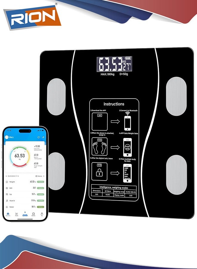 ريون ميزان رقمي ذكي، ميزان ذكي لقياس دهون الجسم مع مؤشر كتلة الجسم واتصال بلوتوث، دهون الجسم، كتلة العضلات، أسود - Image 1