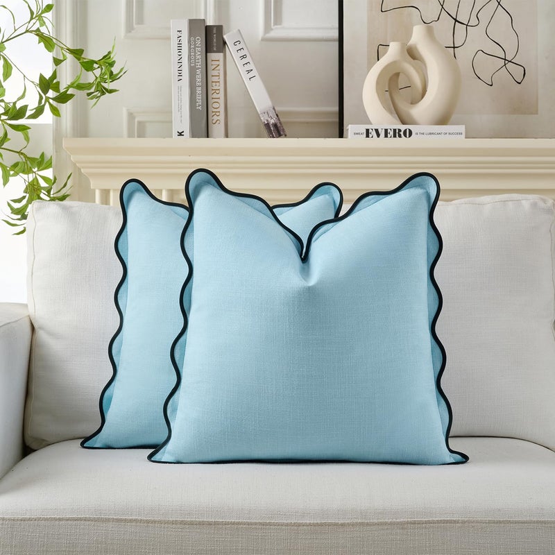 Mayler Yee Scalloped Throw Pillow Covers Set of 2 for Living Room, Boho Sytle Decorative Home (Blue & Teal, 18x18 Inch) - Image 1