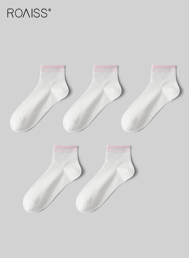 رويس 5 أزواج من الجوارب النسائية حتى منتصف الساق مصنوعة من القطن بنسبة 100%، جوارب شبكية قابلة للتنفس حتى منتصف الساق، تمتص الرطوبة، مقاومة للرائحة، مضادة للبكتيريا، غير قابلة للانزلاق، مناسبة لجميع المواسم - Image 1