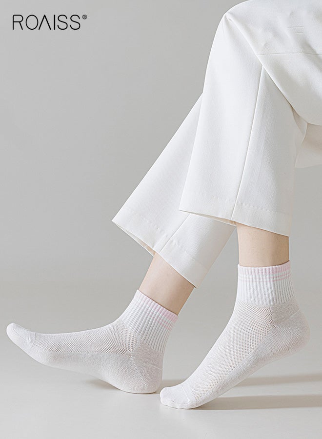 رويس 5 أزواج من الجوارب النسائية حتى منتصف الساق مصنوعة من القطن بنسبة 100%، جوارب شبكية قابلة للتنفس حتى منتصف الساق، تمتص الرطوبة، مقاومة للرائحة، مضادة للبكتيريا، غير قابلة للانزلاق، مناسبة لجميع المواسم - Image 2