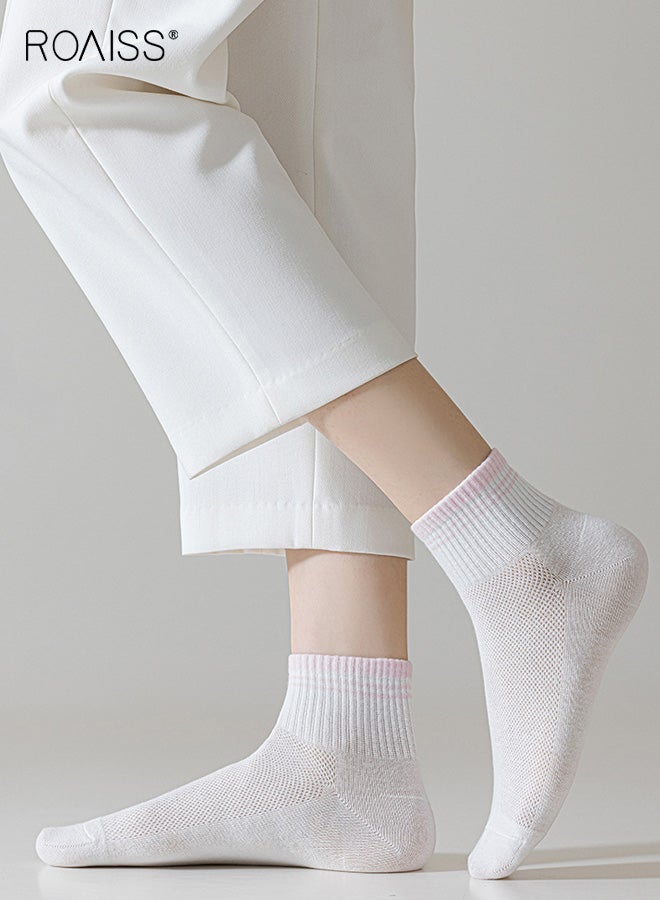 رويس 5 أزواج من الجوارب النسائية حتى منتصف الساق مصنوعة من القطن بنسبة 100%، جوارب شبكية قابلة للتنفس حتى منتصف الساق، تمتص الرطوبة، مقاومة للرائحة، مضادة للبكتيريا، غير قابلة للانزلاق، مناسبة لجميع المواسم - Image 5