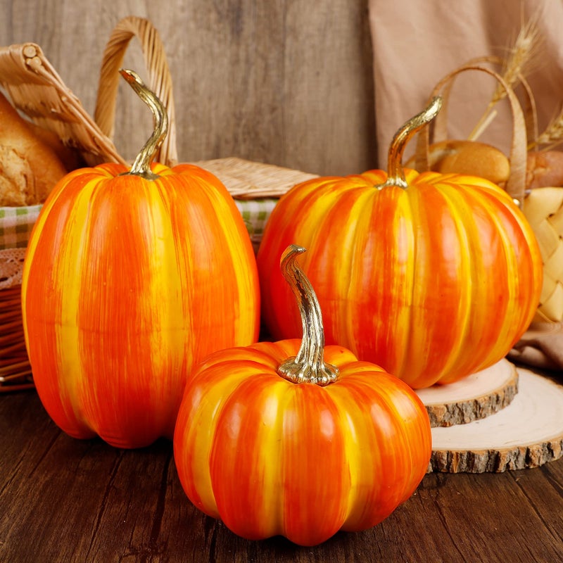 winemana winemana 3 Pcs Thanksgiving Decorations Large Artificial Pumpkins  Orange Rustic Tabletop Centerpieces  Friendsgiving Decorations for Home Kitchen Table Fall Harvest Season  - Image 1