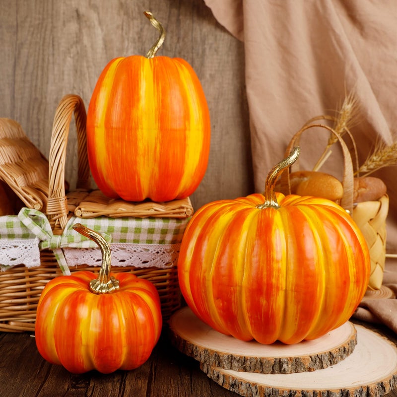 winemana winemana 3 Pcs Thanksgiving Decorations Large Artificial Pumpkins  Orange Rustic Tabletop Centerpieces  Friendsgiving Decorations for Home Kitchen Table Fall Harvest Season  - Image 5