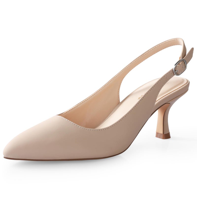 Ankis Women's Slingback Kitten Heels Closed Pointed Toe Low Heel Pumps Comfortable Dress Shoes for Wedding Party Work Office Business Casual Daily Wear 2.5inch Nude Nubuck - Image 1