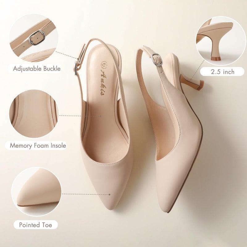 Ankis Women's Slingback Kitten Heels Closed Pointed Toe Low Heel Pumps Comfortable Dress Shoes for Wedding Party Work Office Business Casual Daily Wear 2.5inch Nude Nubuck - Image 4